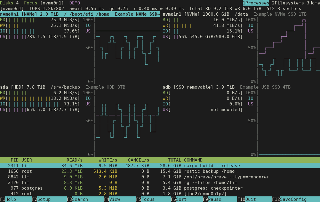 Actual disktop demo: four disks side by side, each with read, write, utilization and fill-level meters and a graph, above the process I/O table