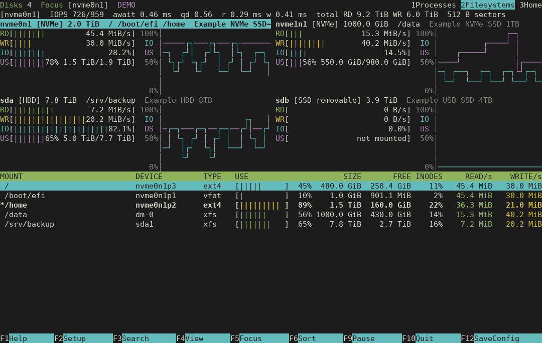 Actual Filesystems view with mount, device, type, use bar, size, free space, inodes and read and write rates